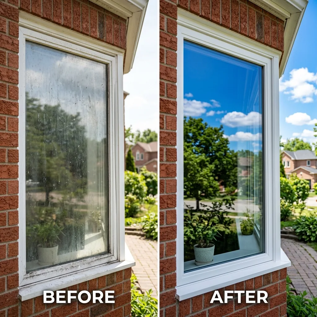 Before and after window cleaning results showing dramatic improvement